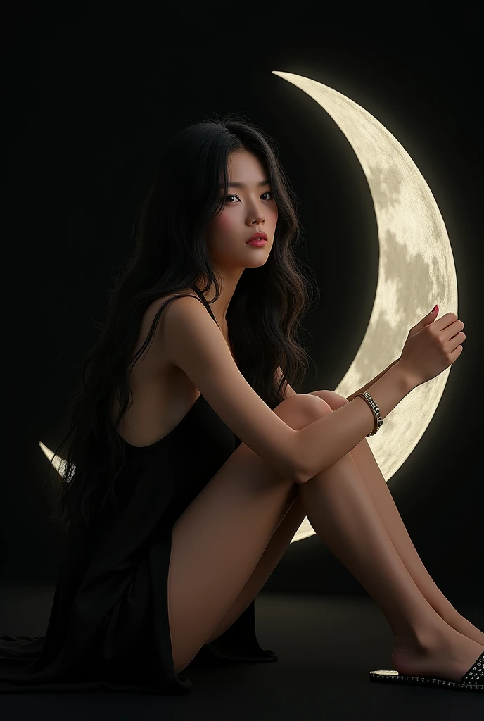 (photorealism:1.2), Asian woman with black wavy hair, wearing black pajamas, black sandals, sitting leaning on the shining crescent moon, plain black background