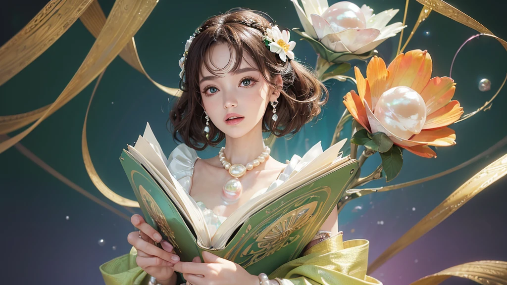 32K, 最高quality, 最高masterpiece, (ultra-Detailed Background, Detailed Background), High resolution, Super detailed, Very detailedな, 1 personの, (bouquet:1.3), (Tangled:1.2), (Geometric:1.2),(colorful),(masterpiece, quality, best quality, Official Art, Beautiful and beautiful:1.2), (1 person:1.3), Very detailed,(colorful:1.1)(Flowers:1.3),Most detailed,(Tangled:1.2), whole body, (Abstract background:1.3), (Skin glows), (Many colors:1.4), ,(Earrings Pearl:1.5), Light green background, It's imaginative., Brunette Hair, Updo, Holding a book, Holding a pen, Satin shirt,