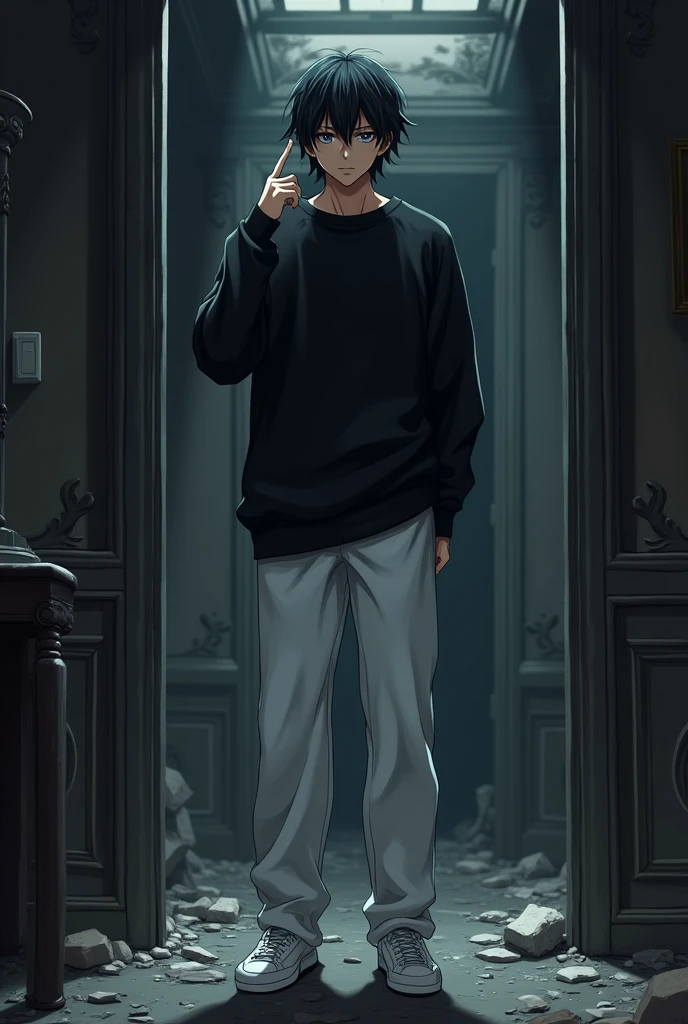 The image is anime style with shadows and dim lights, anime style although somewhat adult and dark, It shows a single adult man of 2 who has black eyes and medium-long black hair as well., He is pointing at his head with his finger in the middle of a destroyed luxurious room. His gaze is extremely serious and determined. He is wearing an oversized black sweater and white pants with white sneakers..