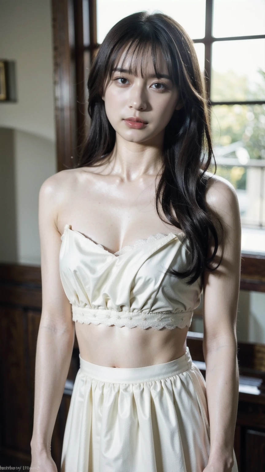 (Raw photo, Best Quality), (Realistic, Photorealsitic:1.3), masutepiece, Extremely delicate and beautiful, Soft light, (Brown hair, Shoulder-length straight hair swaying in the wind), Beautiful detailed girl, (Detailed fingers), extremely detailed eye and face, beautiful detailed nose, Beautiful detailed eyes, 1 girl, Japanese, Neat and clean beauty, Cute, young, white dress, lace Panties, (Half body:1.3), (big breasts:1.3), Realistic face, Realistic body,