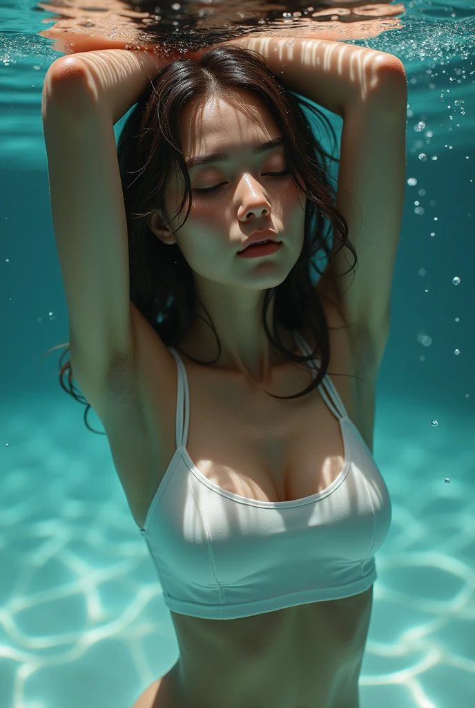 A beautiful girl wearing a slim short-sleeve crop top, she is in water while her lower body and thigh is out of view. Only revealing her Upper Body, her arms are raised above her head.