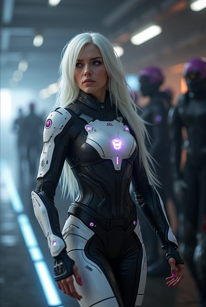 a woman in a futuristic suit with a glowing head and chest, cyberpunk art inspired by Marek Okon, cgsociety contest winner, digital art, gynoid cyborg body, girl in mecha cyber armor, cyber suit, cybersuit, in white futuristic armor, cybersuits, diverse cybersuits, gynoid body, echo from overwatch, perfect anime cyborg woman