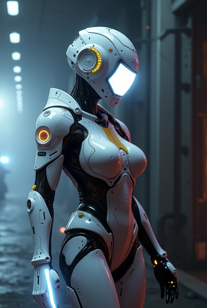 a woman in a futuristic suit with a glowing head and chest, cyberpunk art inspired by Marek Okon, cgsociety contest winner, digital art, gynoid cyborg body, girl in mecha cyber armor, cyber suit, cybersuit, in white futuristic armor, cybersuits, diverse cybersuits, gynoid body, echo from overwatch, perfect anime cyborg woman