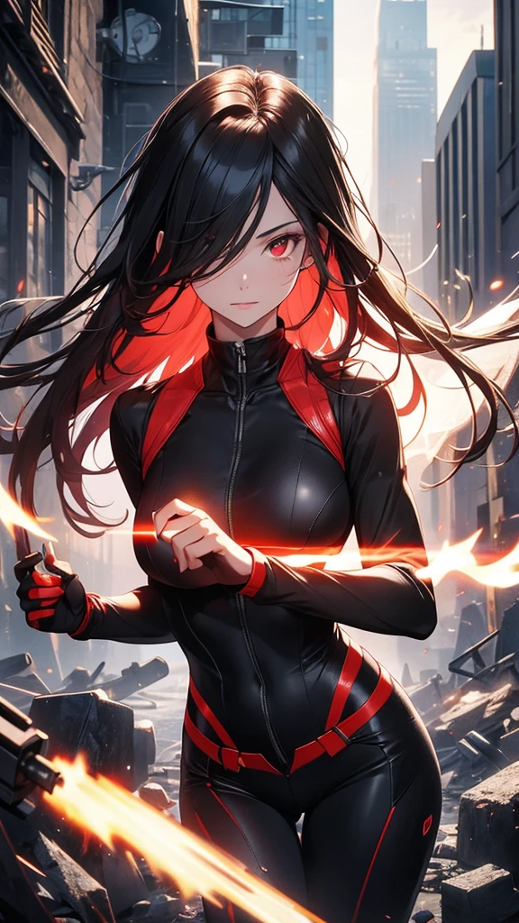 4K resolution,((Highest quality)),Ultra-high resolution,Adult women, alone, sexy, (Grim face), (Light red eyes), Beautiful and symmetrical face, (Black irregular long hair),Combat Vest,Black suit pants,Realistic:1.4,Realistic:1.4,(masterpiece:1.2),Perfect Eyes,Perfect Eyes,Ample breasts,Muscular body,Dilapidated building,Holding a gun