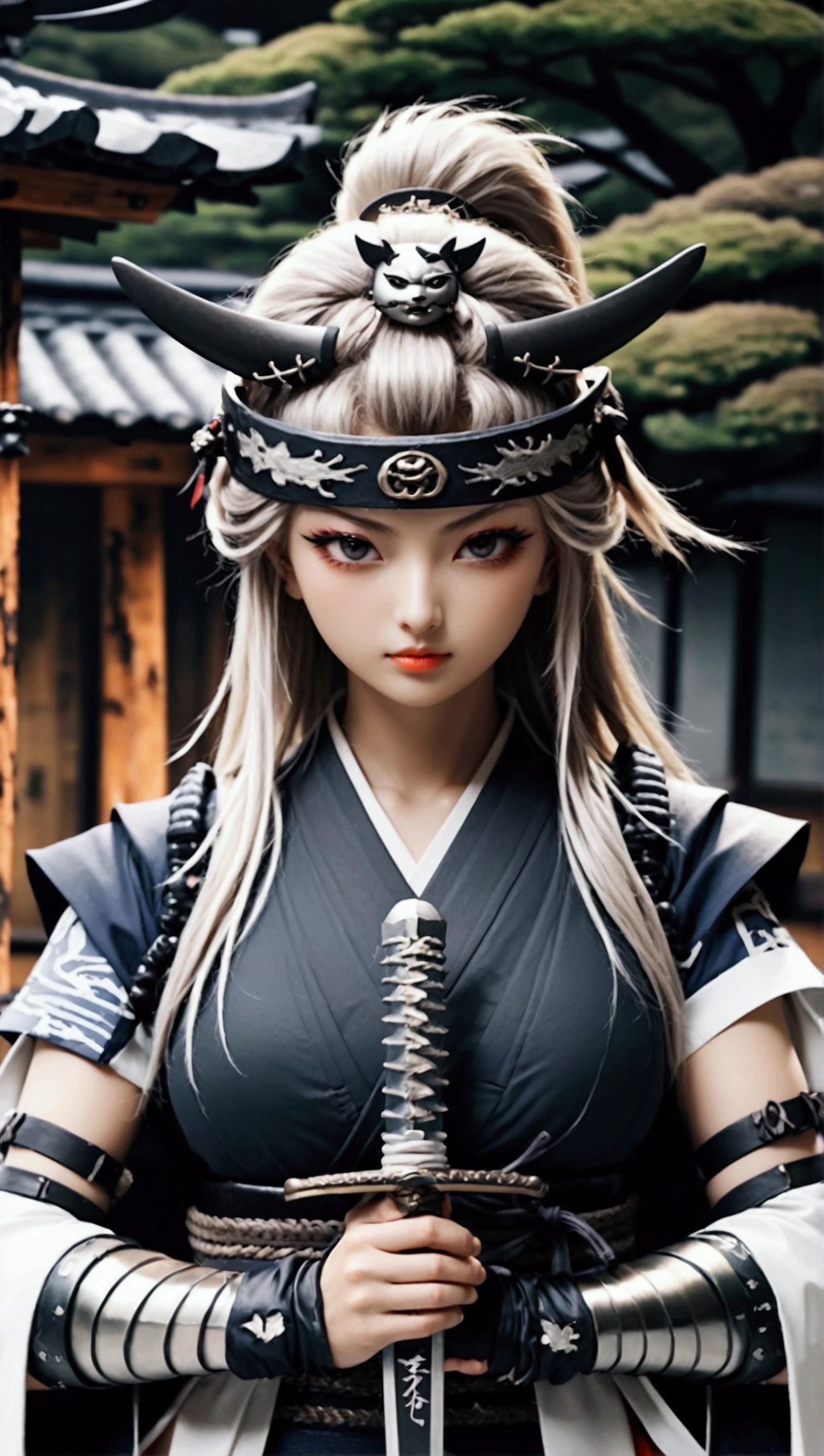 (Japanese sword &reference;Muramasa 2&reference;.2)Two beautiful women、Japanese swordを持った女性、Shinobi Costume、Warrior、Clear Eyes、{Arm tattoo、Warrior、Realistic battle scenes、敵Warriorの返りBlood、Blood、High resolution、Highest quality、Very detailed、8k、background、