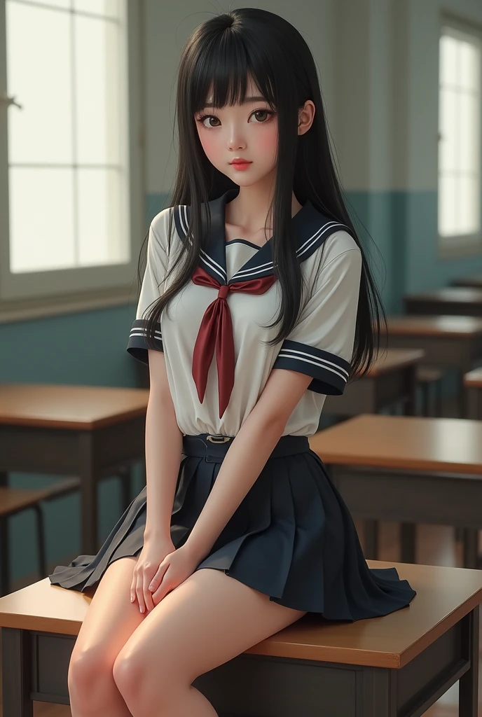 Asian hot school uniform girl, sitting on desk wearing short skirt, realistic image
