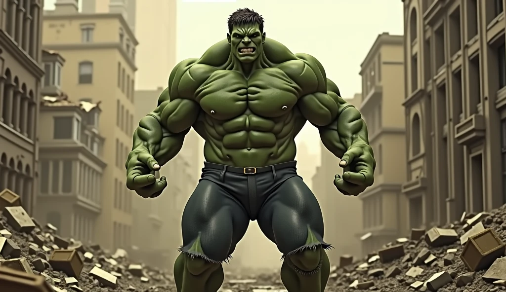 1850's Marvel Avengers character, hulk , vintage hulk, realistic, realistic character, vintage, vintage character, vintage background, male, destruction in background, highly detailed, extremely detailed, 8k, masterpiece, ultra-detailed, photorealistic, hdr, studio lighting, physically-based rendering, extreme detail description, vivid colors, dramatic lighting, cinematic, epic
