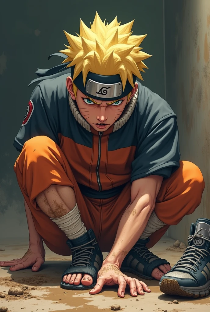 naruto licks his sweaty feet, his sweat is evident, his feet are dirty, his shoes are sweaty and dirty