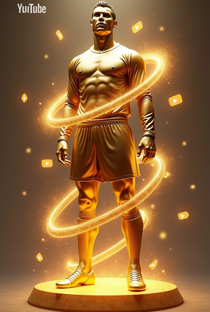 "A golden statue of Ronaldo with YouTube symbols and subscriber icons around him": A majestic golden statue of Cristiano Ronaldo, with floating YouTube symbols and subscriber icons swirling around, representing his status as a YouTube legend.