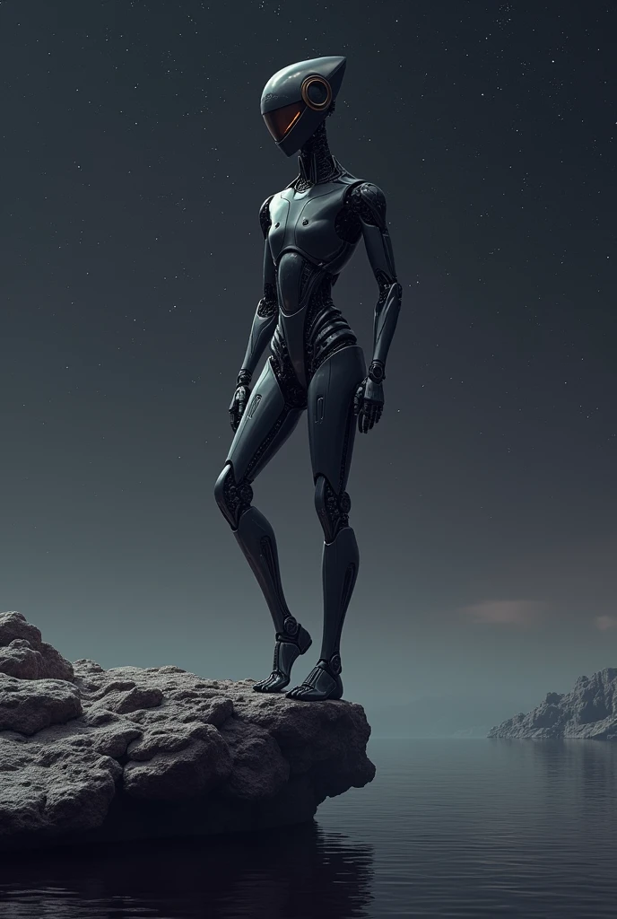 Raw a rower robot standing onthe end of the dwarf planet and there is a very small soling on its head and the sky should be dark blakish purple with lots of stars