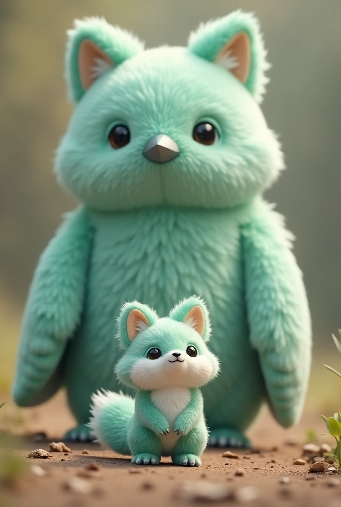 Cute realistic plush,A little Tiffany green fox,About to hunt a giant gray bird,giant bird walking on the ground,In front of the fox,The fox is in a state of overestimating his own abilities,Cute realistic style