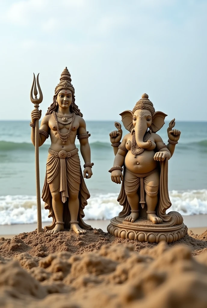 Sand idols of Lord Shiva and Lord Ganesha on the sea shore