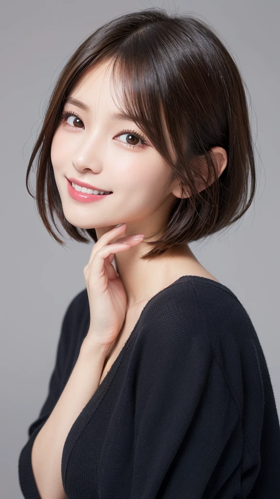 masutepiece, Best Quality, Illustration, Ultra-detailed, finely detail, hight resolution, 8K Wallpaper, Perfect dynamic composition, Beautiful detailed eyes, Women's Fashion,Short bob hair,Small breasts natural color lip, Bold sexy poses,Smile,Harajuku、20 years girl、Cute、Subject looking at sexy pose on camera