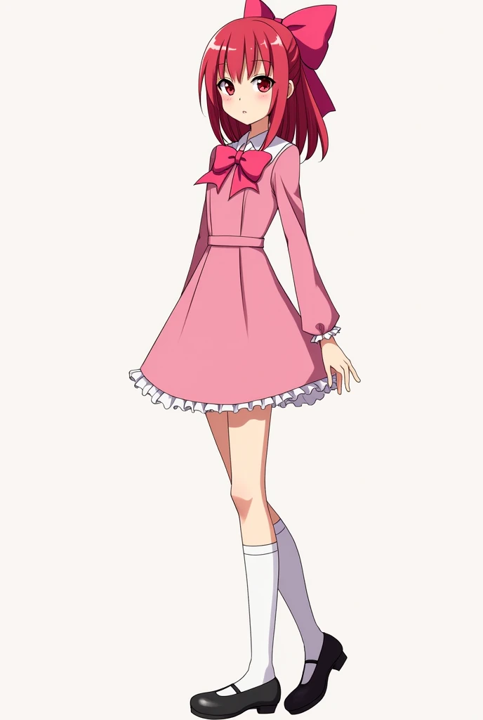 the girl has a beautiful slender body, strong build and fair skin with a polished look. Her straight, waist-length red hair is neatly tied with a large pink bow, adding a touch of elegance to her appearance. Her bright pink eyes are sharp and focused, reflecting her leadership qualities. She wears a pink dress, white knee-high socks, and black flats, enhancing her refined and organized look.