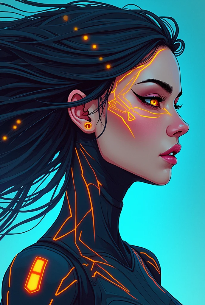 Cyber Woman face,orange an blue outlines,Hair in Wind, mystical ,cartoon