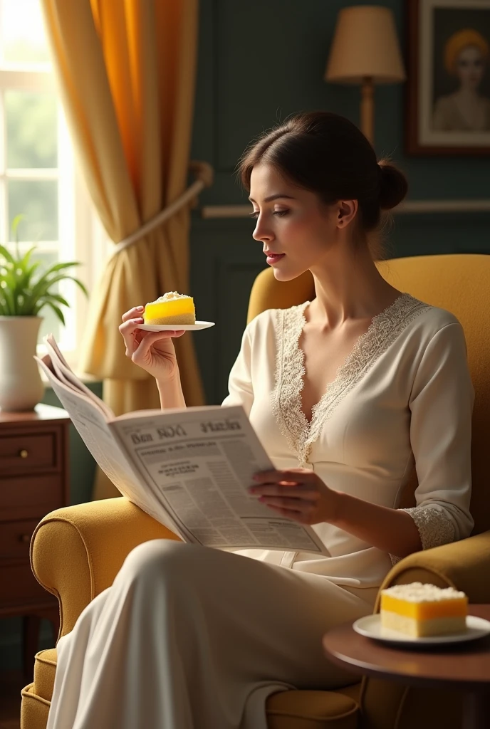Lemon curd cake lady reading newspaper 