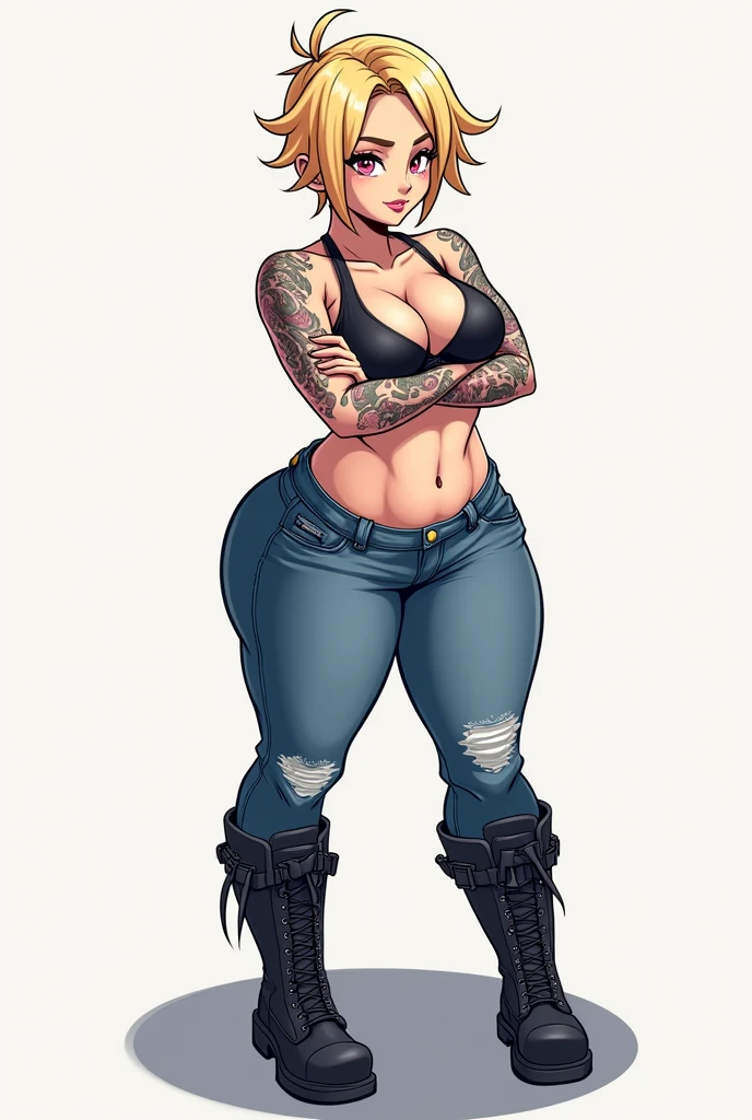 A heterosexual blonde girl with pixi short hair and big breasts and tattoos on arms and chest very feminine, full figure wide hips with her arms crossed standing, sports bra, blue jeans knee high boots, Anime style
