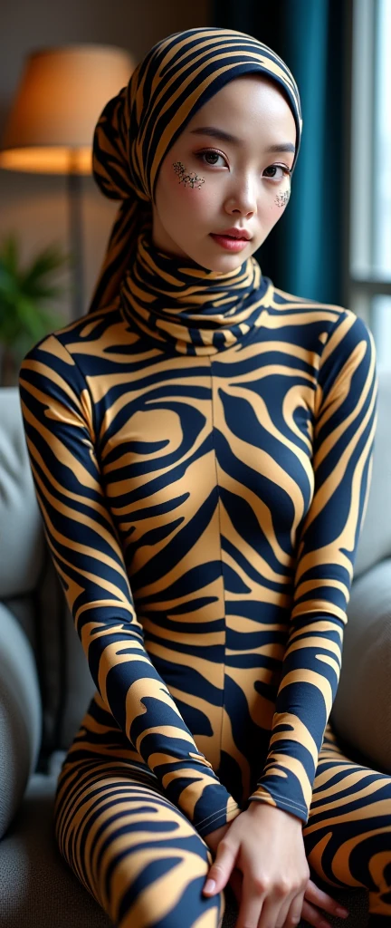 The beautiful,thin and clever asian muslimah adult girl with beautiful cheeks wears zebra print lycra turtleneck unitard catsuit covered with stripes and zebra print lycra elastane stretchy dancewear inner hijab covered with stripes.She is sitting.She always put fake zebra print stripes that are made of makeup marker kit.
