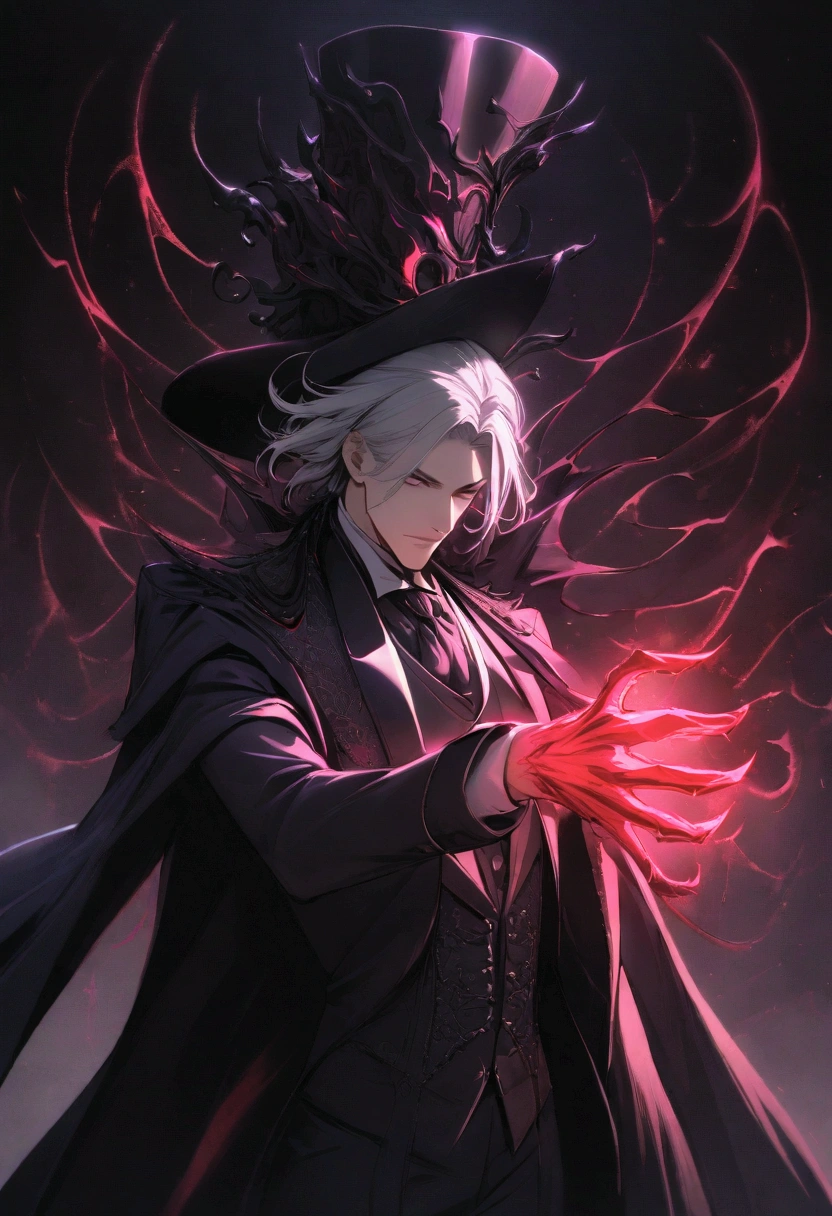 a portrait of a handsome victorian man casting a dark spell, long silver hair, dark suit, dark energy, eldrich blast, darkness, top - hat, elegance, intricate details, dramatic pose, epic composition, cinematic lighting, vibrant colors, dramatic pose, dramatic composition