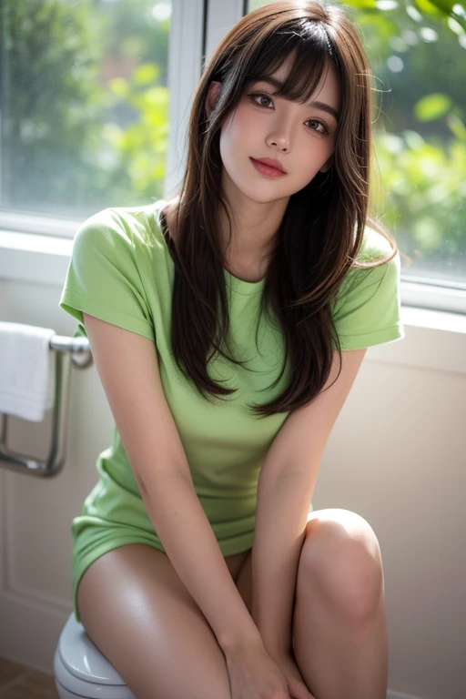 1girl, solo, breasts, looking at viewer, blush, smile, short hair, open mouth, bangs, (green eyes: 1.4), brown hair, shirt, black hair, large breasts, sitting, short sleeves, thighs, parted lips, indoors, virtual youtuber, (bare legs: 1.37), window, swept bangs, (bottomless: 1.45), t-shirt, ((no pants, between legs, hand between legs)), yellow shirt, bathroom, toilet, oozora subaru, beautiful face, tyndall effect, photorealistic, 8k uhd, dslr, high quality, volumetric lighting, candid, Photograph, high resolution, 4k, 8k, Bokeh, (hyper-realistic girl), (illustration), (high resolution), (extremely detailed), (best illustration), (beautiful detailed eyes), (best quality), (ultra-detailed), (masterpiece), (wallpaper), (photorealistic), (natural light), (rim lighting), (detailed face), (high detailed realistic skin face texture), (anatomically correct), (perfect hands), (correct fingers), (heterochromic eyes), (detailed eyes), (sparkling eyes), (dynamic pose), (loose hair:1.35), looking to viewers,