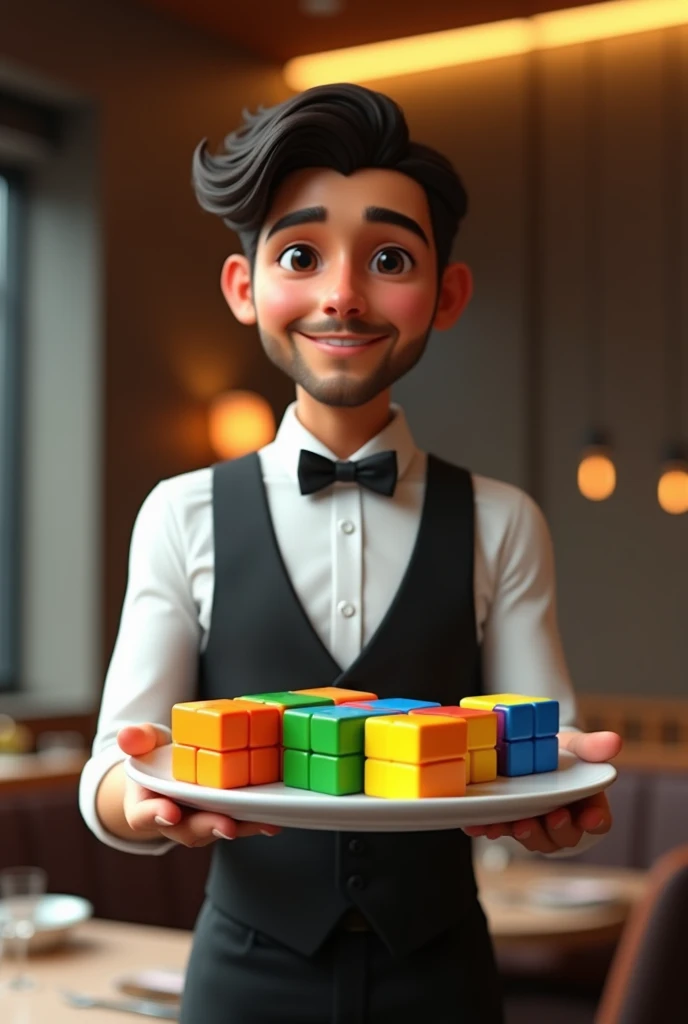 A waiter with Brazilian facial features serving Rubik&#39;s cubes on a plate
