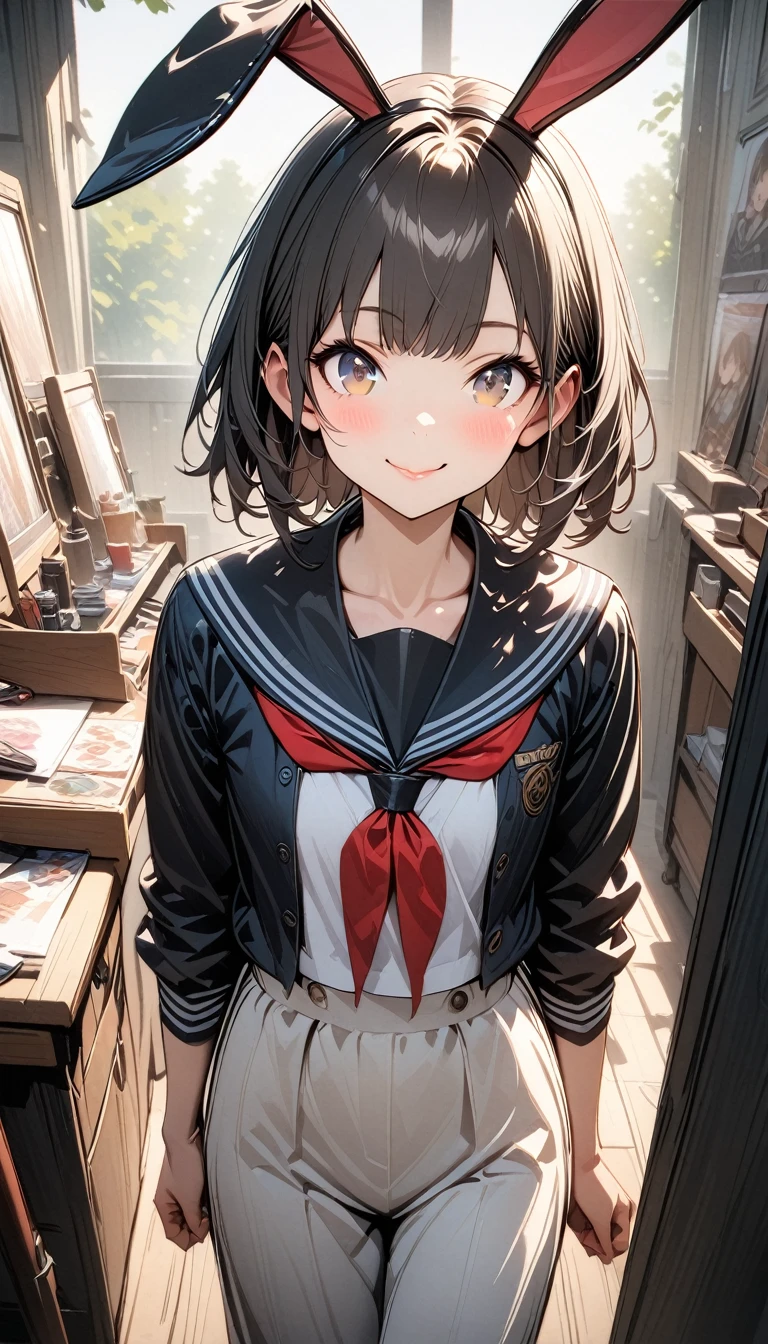 ((masterpiece))((Highest quality))Bunny ears、、smile、Flat Chest、thin、blush、Are standing、Full body image、You can see the toes、Eye height on face、front、No background、真frontのアングル、Sailor suit、Woman in casual clothes, Japanese Girl, Standing directly in front, Very detailed, Art Station, Smooth, Sharp focus, Long dress, Highest quality, Ultra-high resolution, Very detailed顔と目,Symbol-shaped pupil,, One person, Women, Long trousers, smile, cute, 8k, Ultra Rendering, Backlight, Studio Lightning, Realistic portraits, Supreme detail, Very detailed, Art Station, Smooth, Sharp focus, Cinema Lighting, To the camera, Dark studio, Rim Light, Two-tone lighting, Modest, Easy Negative, badhandsv5-neg, M1 Shelly 3OH、Thick lips、To the camera,