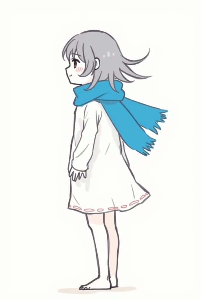 Simple drawing doodle of a girl wearing a blue scarf then she turned her back