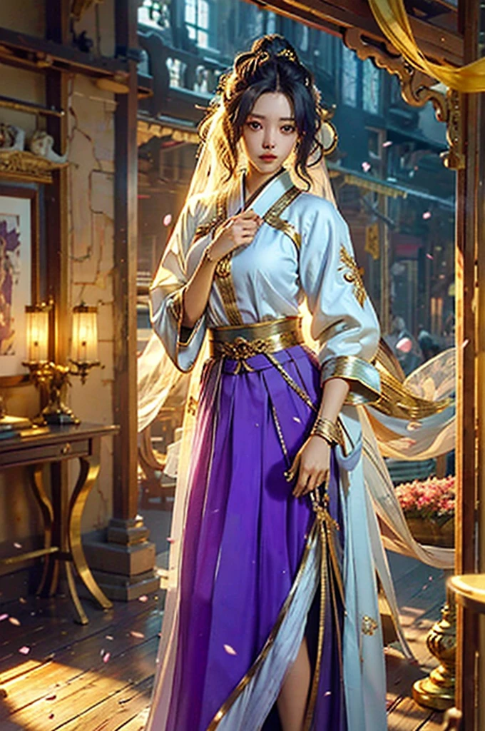 superb beauty, Masterpiece, High resolution, (corps exquis: 1.5), beautiful woman, seins extra larges (2.5) Fences larges, Taille fine, Stunning beauty, (peau laiteuse: 1.3), exquisitely detailed, High resolution, wallpaper, 1 femme, seulement, robe, Accessoires pour cheveux, (((Golden purple skirt)) ), fleur, cheveux longs, cheveux bruns, La ferme, Accessoires, manches longues, Hands, manches larges, Grands yeux, cheveux fluides, Hanfu, Hanfu, broderie, robe longue, pose naturelle, falling petals, Indoor, Fanning, lanterne, 16k, Hdr, High resolution, profondeur de champ, (grain du film: 1.1), Bocon, Prime-time, (Lens Flare), Vignette, arc-en-ciel, (Color Grading: 1.5)