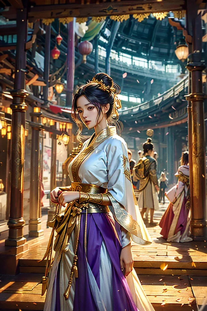 superb beauty, Masterpiece, High resolution, (corps exquis: 1.5), beautiful woman, seins extra larges (2.5) Fences larges, Taille fine, Stunning beauty, (peau laiteuse: 1.3), exquisitely detailed, High resolution, wallpaper, 1 femme, seulement, robe, Accessoires pour cheveux, (((Golden purple skirt)) ), fleur, cheveux longs, cheveux bruns, La ferme, Accessoires, manches longues, Hands, manches larges, Grands yeux, cheveux fluides, Hanfu, Hanfu, broderie, robe longue, pose naturelle, falling petals, Indoor, Fanning, lanterne, 16k, Hdr, High resolution, profondeur de champ, (grain du film: 1.1), Bocon, Prime-time, (Lens Flare), Vignette, arc-en-ciel, (Color Grading: 1.5)
