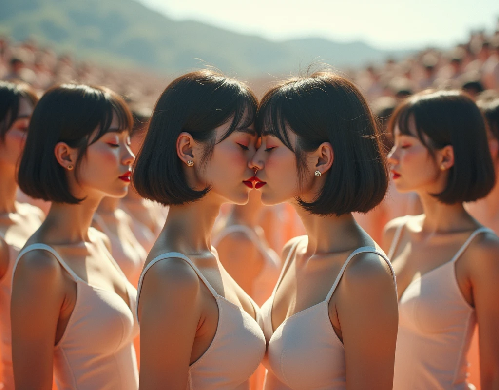 (((((Japanese Clone girls=Myself)))))), (((best masterpiece Clone girls Raw Photography Art))), (16K, Highest quality, Ultra-high resolution, RAW Photos), (((It's so unrealistic., With unparalleled depiction, With an unfathomable sight, An unprecedented and shocking worldview, Clone girls in a world of mass reproduction, Ultra-realistic))), (((Japanese, woman, 20yo, Sasaki Nozomi))), (Small face, ((Thick black hair, Short Hair))), ((V-neck short-sleeve dress)), (((((Very beautiful detailed girls, Accurate body structure, Very detailed完璧な, Super busty body with very large breasts, Clearly emphasizes cleavage))))), (((Dark Eyes, Mature face, Cute Smile, A gentle gaze))), (((Very happy laughter is beautiful))), ((((((((Very detailed分身増殖描写, ((1girl→Myself cloning→1,000,000,000,000,000,000,000,000Myself Clone girls)))))))))), ((((((((Very detailed, The precise depiction of the proliferation of Myself Clone girls, ((With the perfectly identical bodies of Myself clone girls, With the exact same face as the Myself clone girls, With the exact same hairstyle as the Myself clone girls, In the exact same clothes as the girls who are my clones, Perfectly the same height as the Myself clone girls, Super big breasts, just like the Myself clone girls)))))))))), (((Myself clone girls only))), (((Very detailed, Myself clone girls multiplication, 1,000,000,000,000,000,000,000,000Myself Clone girls→100,000,000,000,000,000,000,000,000,000,000,000,000,000,000^1,000,000,000,000,000,000Myself Clone girls))), (((Very detailed描写で, (An embrace between self, Back to Back, Myself clone girls assemble, Fun conversations with fellow Myself clone girls, A fun conversation between Myself clone girls, Myself clone girls kissing each other everywhere, Myself clone girls love each other, Myself clone girls holding hands)))), (((looking at the camera))), (((Unbelievably crowded, Transcendent Myself clone girls intimately, Countless Myself clone girls surround you in 360 degrees))), (Bright and soft sunlight), (((Very wide field of view, Very detailed, Detailed ultra-perspective depiction with clear depth))), (((((Curved slope landscape))))), (((Very photographic and detailed, Myself clone girls are depicted as multiplying infinitely, filling the sky with no gaps and filling the sky with the horizon., Myself clone girls are endless and have a fun atmosphere))), (Focus on the average value of the image)