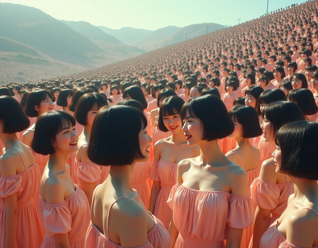 (((((Japanese Clone girls=Myself)))))), (((best masterpiece Clone girls Raw Photography Art))), (16K, Highest quality, Ultra-high resolution, RAW Photos), (((It's so unrealistic., With unparalleled depiction, With an unfathomable sight, An unprecedented and shocking worldview, Clone girls in a world of mass reproduction, Ultra-realistic))), (((Japanese, woman, 20yo, Sasaki Nozomi))), (Small face, ((Thick black hair, Short Hair))), ((V-neck short-sleeve dress)), (((((Very beautiful detailed girls, Accurate body structure, Very detailed完璧な, Super busty body with very large breasts, Clearly emphasizes cleavage))))), (((Dark Eyes, Mature face, Cute Smile, A gentle gaze))), (((Very happy laughter is beautiful))), ((((((((Very detailed分身増殖描写, ((1girl→Myself cloning→1,000,000,000,000,000,000,000,000Myself Clone girls)))))))))), ((((((((Very detailed, The precise depiction of the proliferation of Myself Clone girls, ((With the perfectly identical bodies of Myself clone girls, With the exact same face as the Myself clone girls, With the exact same hairstyle as the Myself clone girls, In the exact same clothes as the girls who are my clones, Perfectly the same height as the Myself clone girls, Super big breasts, just like the Myself clone girls)))))))))), (((Myself clone girls only))), (((Very detailed, Myself clone girls multiplication, 1,000,000,000,000,000,000,000,000Myself Clone girls→100,000,000,000,000,000,000,000,000,000,000,000,000,000,000^1,000,000,000,000,000,000Myself Clone girls))), (((Very detailed描写で, (An embrace between self, Back to Back, Myself clone girls assemble, Fun conversations with fellow Myself clone girls, A fun conversation between Myself clone girls, Myself clone girls kissing each other everywhere, Myself clone girls love each other, Myself clone girls holding hands)))), (((looking at the camera))), (((Unbelievably crowded, Transcendent Myself clone girls intimately, Countless Myself clone girls surround you in 360 degrees))), (Bright and soft sunlight), (((Very wide field of view, Very detailed, Detailed ultra-perspective depiction with clear depth))), (((((Curved slope landscape))))), (((Very photographic and detailed, Myself clone girls are depicted as multiplying infinitely, filling the sky with no gaps and filling the sky with the horizon., Myself clone girls are endless and have a fun atmosphere))), (Focus on the average value of the image)