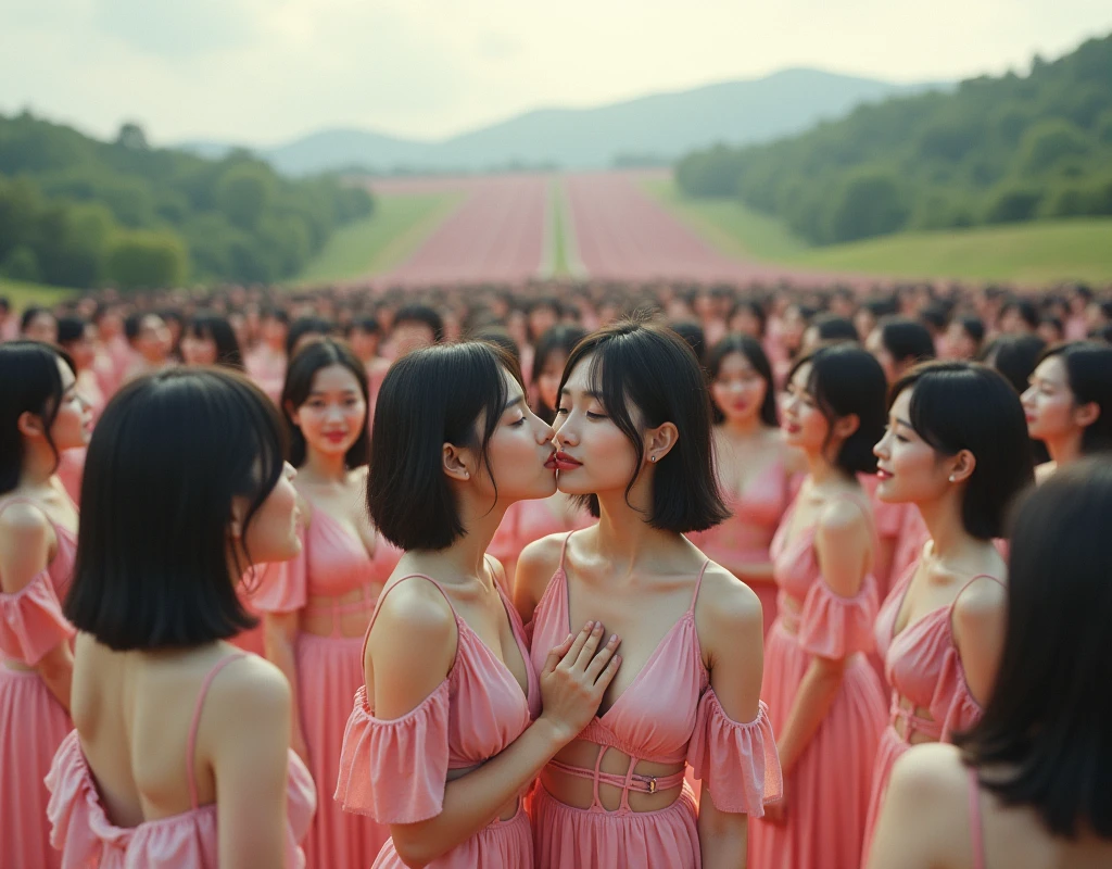 (((((Japanese Clone girls=Myself)))))), (((best masterpiece Clone girls Raw Photography Art))), (16K, Highest quality, Ultra-high resolution, RAW Photos), (((It's so unrealistic., With unparalleled depiction, With an unfathomable sight, An unprecedented and shocking worldview, Clone girls in a world of mass reproduction, Ultra-realistic))), (((Japanese, woman, 20yo, Sasaki Nozomi))), (Small face, ((Thick black hair, Short Hair))), ((V-neck short-sleeve dress)), (((((Very beautiful detailed girls, Accurate body structure, Very detailed完璧な, Super busty body with very large breasts, Clearly emphasizes cleavage))))), (((Dark Eyes, Mature face, Cute Smile, A gentle gaze))), (((Very happy laughter is beautiful))), ((((((((Very detailed分身増殖描写, ((1girl→Myself cloning→1,000,000,000,000,000,000,000,000Myself Clone girls)))))))))), ((((((((Very detailed, The precise depiction of the proliferation of Myself Clone girls, ((With the perfectly identical bodies of Myself clone girls, With the exact same face as the Myself clone girls, With the exact same hairstyle as the Myself clone girls, In the exact same clothes as the girls who are my clones, Perfectly the same height as the Myself clone girls, Super big breasts, just like the Myself clone girls)))))))))), (((Myself clone girls only))), (((Very detailed, Myself clone girls multiplication, 1,000,000,000,000,000,000,000,000Myself Clone girls→100,000,000,000,000,000,000,000,000,000,000,000,000,000,000^1,000,000,000,000,000,000Myself Clone girls))), (((Very detailed描写で, (An embrace between self, Back to Back, Myself clone girls assemble, Fun conversations with fellow Myself clone girls, A fun conversation between Myself clone girls, Myself clone girls kissing each other everywhere, Myself clone girls love each other, Myself clone girls holding hands)))), (((looking at the camera))), (((Unbelievably crowded, Transcendent Myself clone girls intimately, Countless Myself clone girls surround you in 360 degrees))), (Bright and soft sunlight), (((Very wide field of view, Very detailed, Detailed ultra-perspective depiction with clear depth))), (((((Curved slope landscape))))), (((Very photographic and detailed, Myself clone girls are depicted as multiplying infinitely, filling the sky with no gaps and filling the sky with the horizon., Myself clone girls are endless and have a fun atmosphere))), (Focus on the average value of the image)