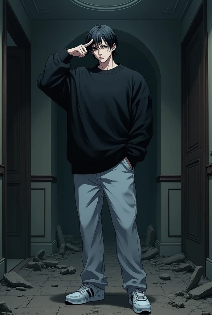 The image is anime style with shadows and dim lights, anime style although somewhat adult and dark, It shows a single adult man of 2 who has black eyes and medium-long black hair as well., He is pointing at his head with his finger in the middle of a destroyed luxurious room. His gaze is extremely serious and determined. He is wearing an oversized black sweater and white pants with white sneakers..