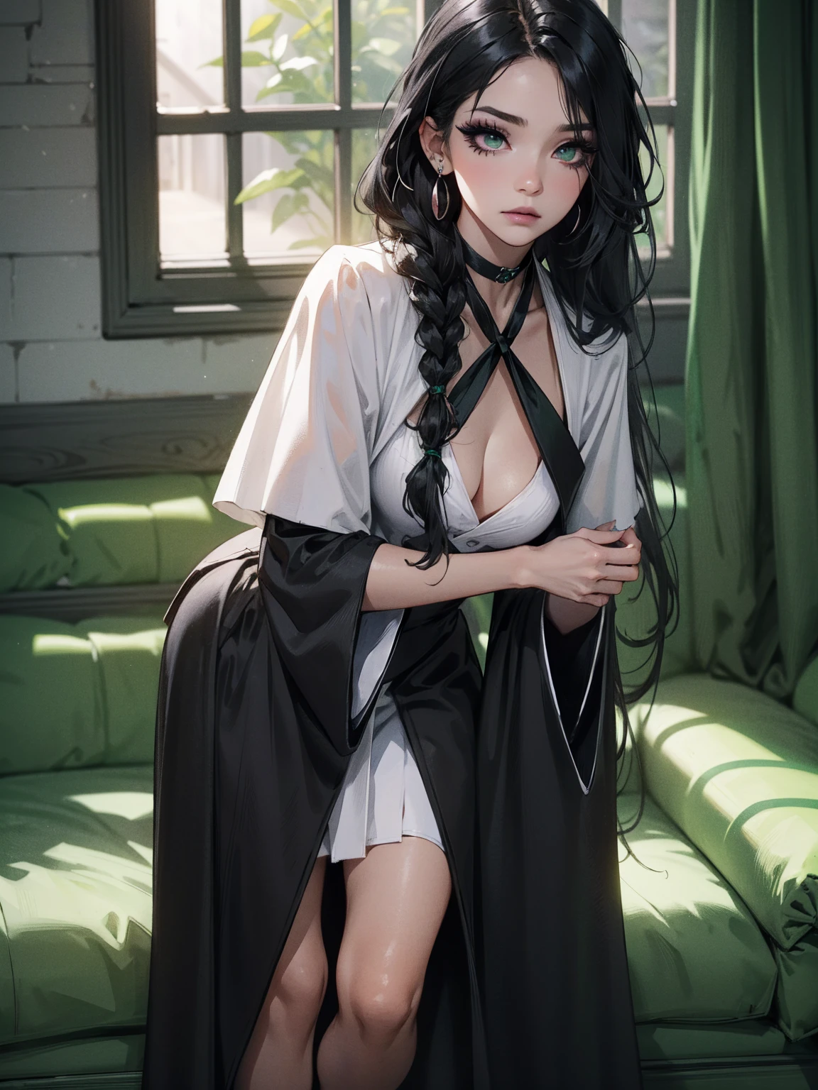 emo_hairstyle, (piercings), (black necktie), ((long hair)), ((straight hair)), (((black hair))), side swept bangs, white skin, pale, white, (green eye), tired expression, choker, ((dark makeup, mascara, eyeshadow)), multiple piercings, best quality, 8k, dark laboratory, dim lighting, white shirt, erotic, slytherin, black and white robes, (small breasts, cleavage, strap gap, leaning forward, hanging breasts), hogwarts robes. (((small breasts)))