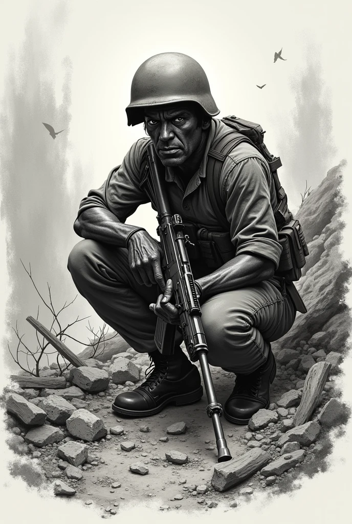 A close up sketch of soldier crouched under a debris. Wide open eye, surrounded by war zone. Let only his uper body shown and let him seem very tense. Let him grip riffle 

