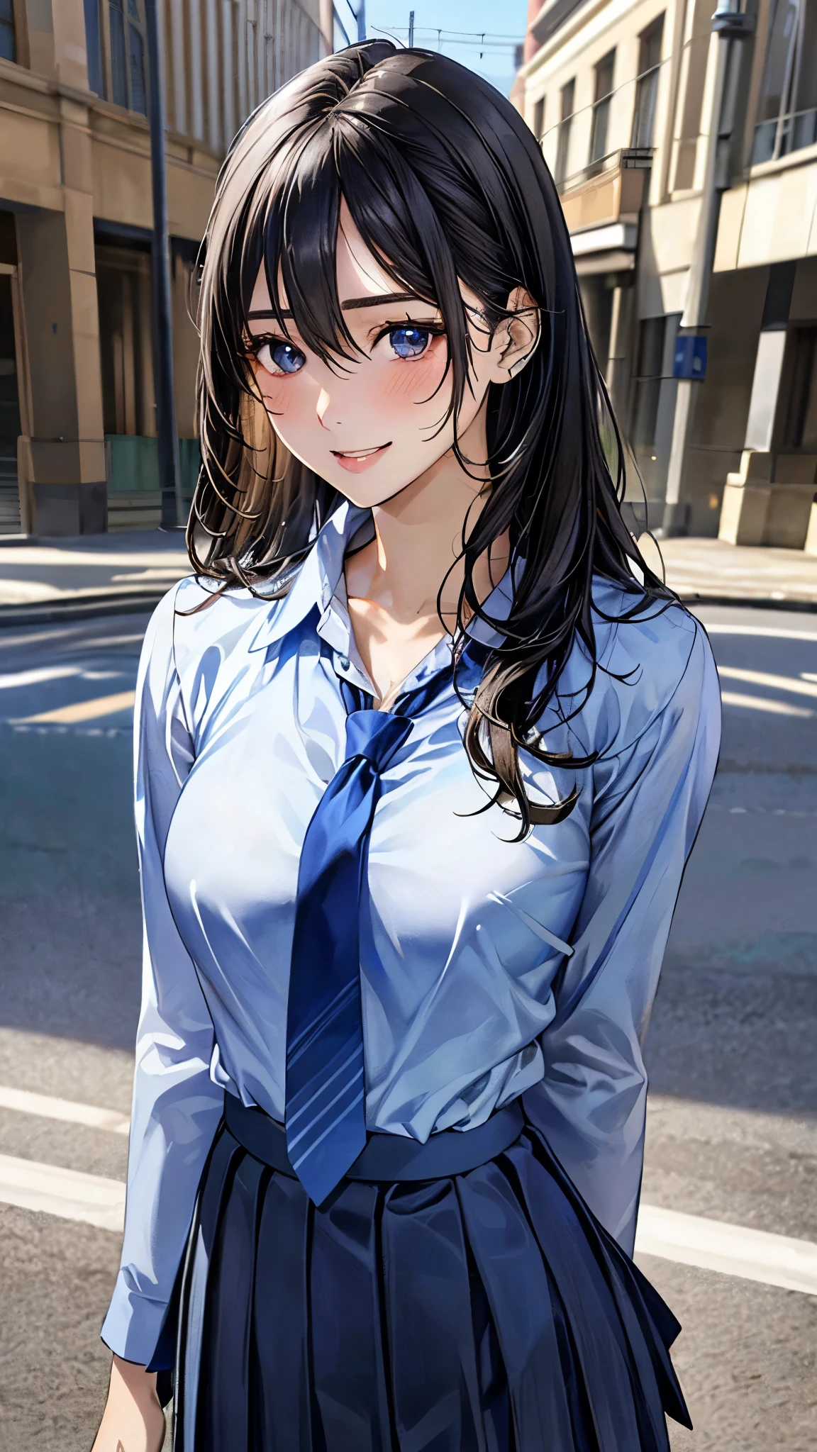 (masterpiece:1.2, top-quality), (realistic, photorealistic:1.4), beautiful illustration, perfect lighting, colorful, depth of fields,
beautiful detailed hair, beautiful detailed face, beautiful detailed eyes, beautiful clavicle, beautiful body, beautiful chest, beautiful thigh, beautiful legs, beautiful fingers, slender,
looking at viewer, (face focus, upper body), 1 girl, high school girl, (perfect anatomy, anatomically correct, super detailed skin), cute symmetrical face, baby face, perfect face, perfect eyes,
(long hair:1.2, straight hair:1.2, sideburns, black hair), hair between eyes, blue eyes, drooping eyes, (large breasts:0.8, large ass, seductive thighs, skin dentation), perfect body, shiny skin,
(detailed cloth texture, long sleeve light blue collared shirt, navy pleated skirt, cobalt blue tie),
(beautiful scenery), morning, (sapporo, outdoors), standing, (lovely smile, upper eyes, parted lips),