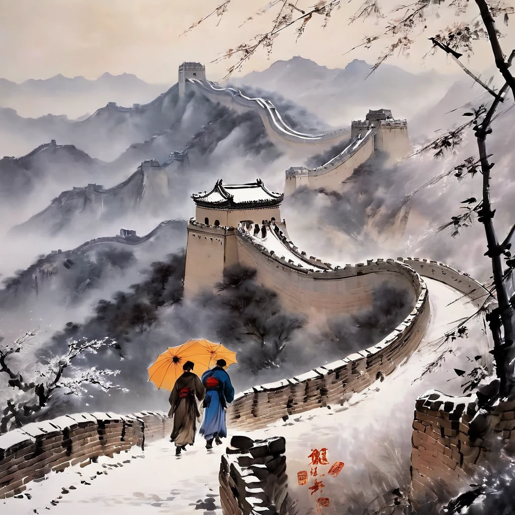 Detailed ink,Traditional Chinese ink painting,Peaceful atmosphere,Winter Landscape,The winding Great Wall,Snowflakes gently fall,People wearing warm clothes walk on the Great Wall,Impressive towers stand on the city walls,Subtle gray and black,Picturesque scenery,Traditional brushwork and ink painting,A mist shrouds the scene,ancient building structure,Peace and tranquility atmosphere,Light red and gold,Texture,Fusion of traditional and modern elements,The faint moonlight shines on the Great Wall,Ethereal and dreamy quality,The Great Wall is delicately reflected in a nearby frozen lake,The walls are scattered with delicate bamboo and pine trees,historical and cultural significance,Persistent but mild winter breeze,Deep heritage,The faint sound of footsteps echoed in the silence,Poetic and introspective atmosphere,Deeply appreciate the beauty and power of nature.(best quality,4K,8K,high resolution,masterpiece:1.2),Extremely detailed,(Practical,photoPractical,photo-Practical:1.37),