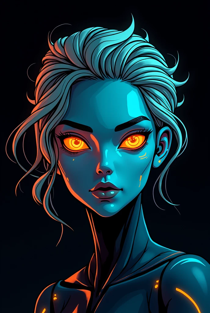 Cyber Woman face,orange an blue outlines,black Background,Hair in Wind, mystical ,cartoon