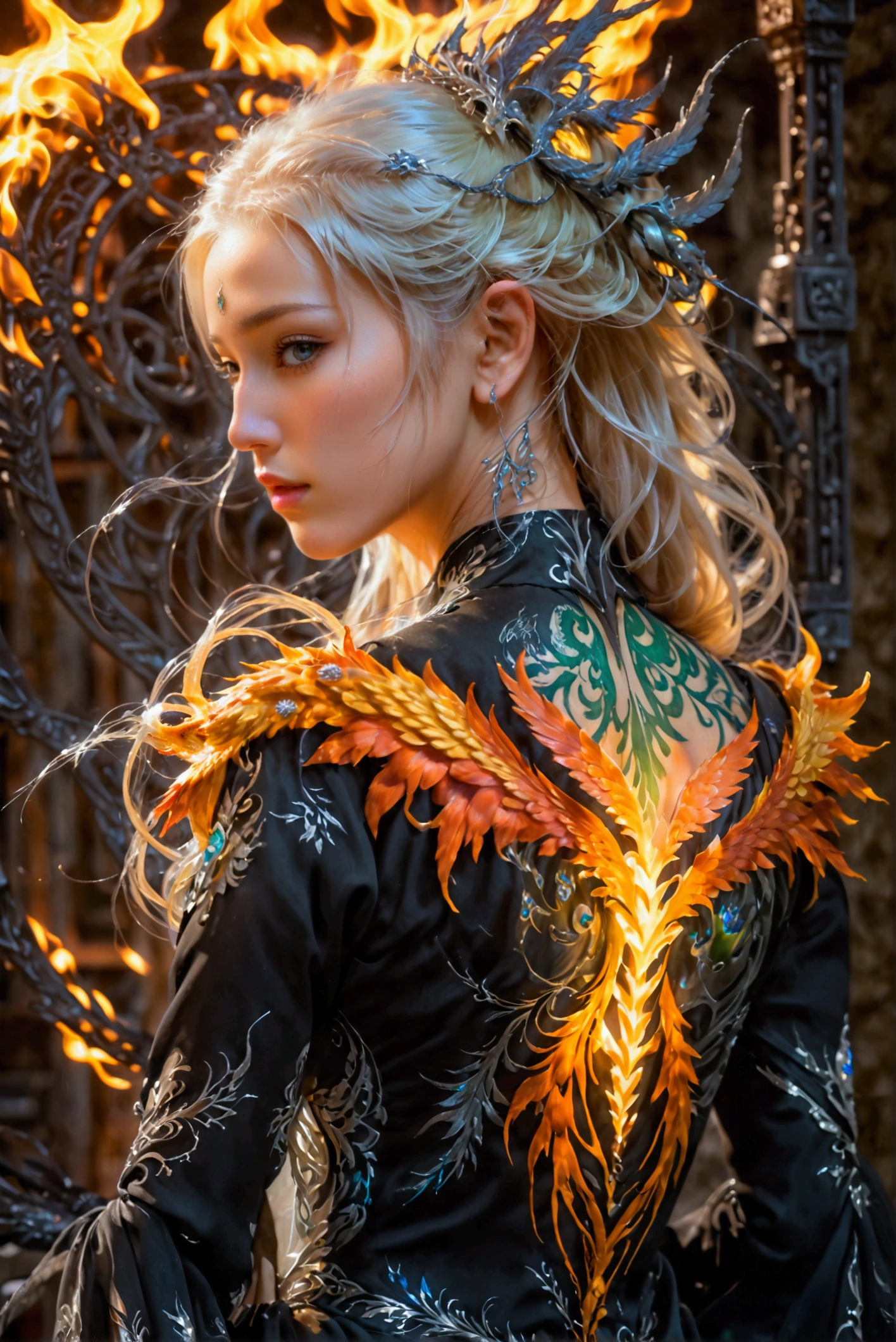 watercolor art, fantasy art, goth art, a picture of a tattoo on the back of a female ((elf)), a glowing tattoo of a ((phoenix: 1.3)) on the elf's back, the ((phoenix tattoo)) is vivid, intricate detailed coming to life from the ink to real life, ((fire surrounds the phoenix: 1.5)), shoot taken from the back, ((the back is visible: 1.3), a most beautiful elf, exquisite beauty, small pointed ears, long hair, she wears a transparent black dress, the dress is elegant, flowing, elven style, that the tattoos glow, blond hair color, dynamic hair style, cinematic light, High Detail, Ultra High Quality, High Resolution, 16K Resolution, Ultra HD Pictures, 3D rendering Ultra Realistic, Clear Details, Realistic Detail, Ultra High Definition,Comistyle, faize, art by mooncryptowow