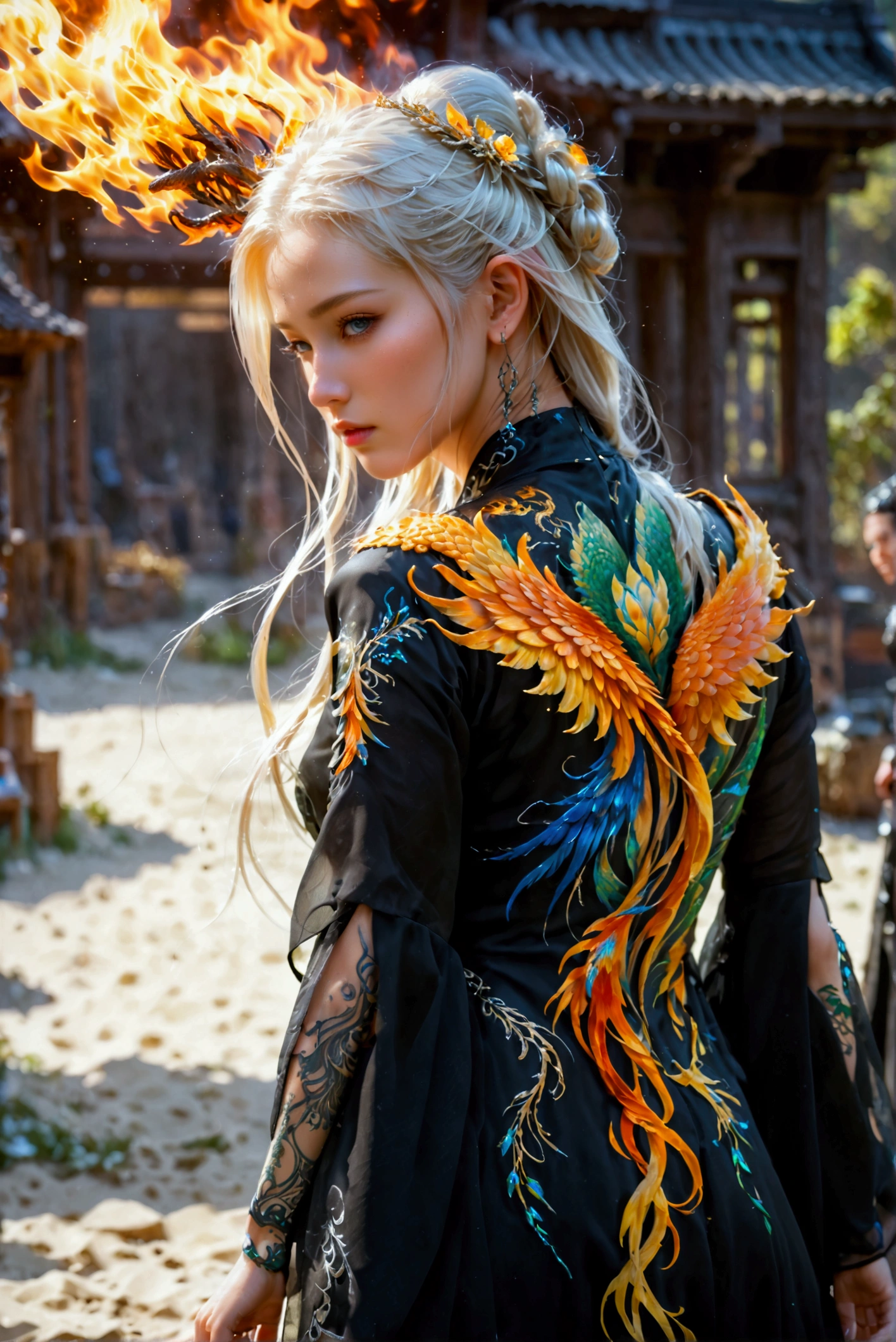 watercolor art, fantasy art, goth art, a picture of a tattoo on the back of a female ((elf)), a glowing tattoo of a ((phoenix: 1.3)) on the elf's back, the ((phoenix tattoo)) is vivid, intricate detailed coming to life from the ink to real life, ((fire surrounds the phoenix: 1.5)), shoot taken from the back, ((the back is visible: 1.3), a most beautiful elf, exquisite beauty, small pointed ears, long hair, she wears a transparent black dress, the dress is elegant, flowing, elven style, that the tattoos glow, blond hair color, dynamic hair style, cinematic light, High Detail, Ultra High Quality, High Resolution, 16K Resolution, Ultra HD Pictures, 3D rendering Ultra Realistic, Clear Details, Realistic Detail, Ultra High Definition,Comistyle, faize, art by mooncryptowow