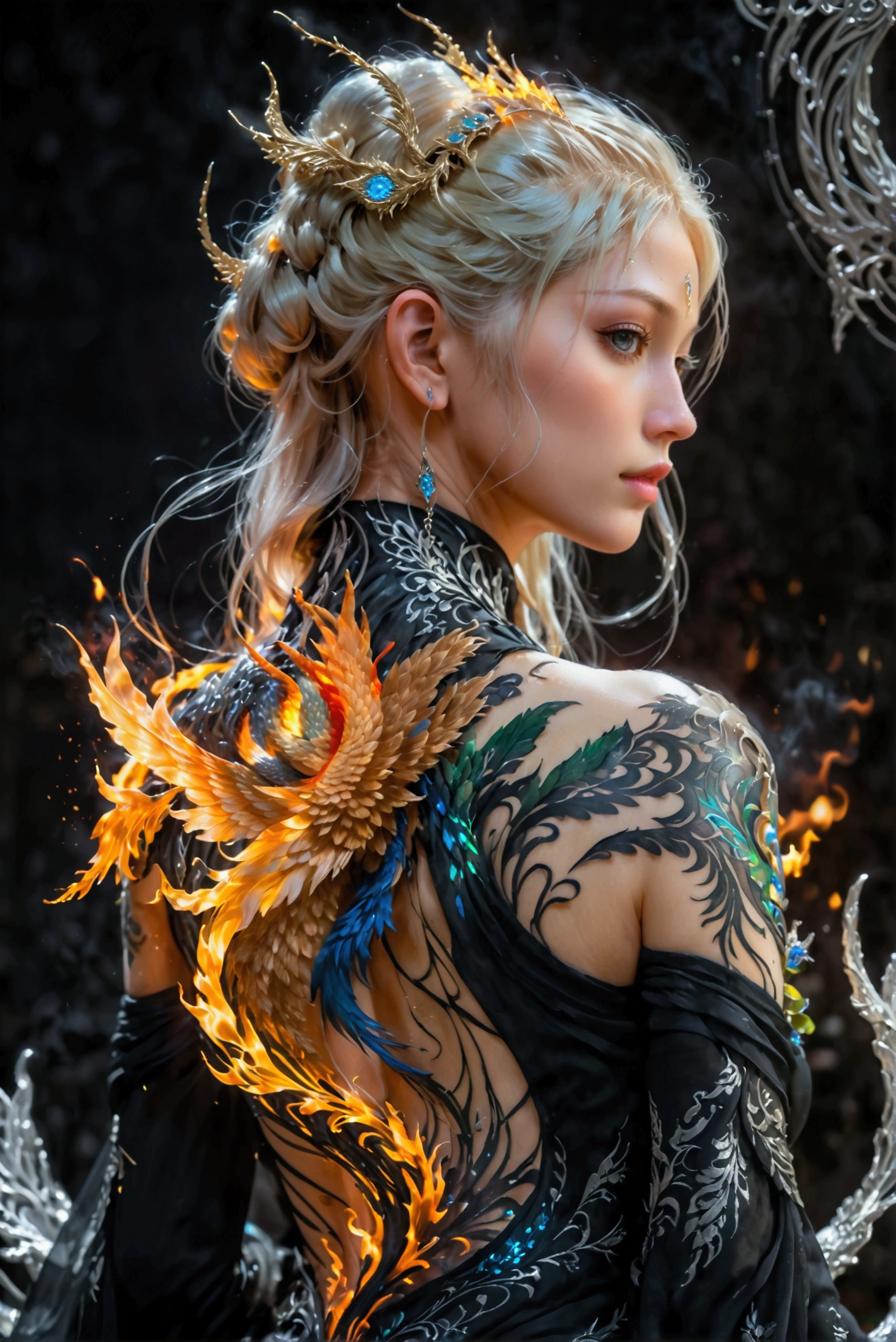 watercolor art, fantasy art, goth art, a picture of a tattoo on the back of a female ((elf)), a glowing tattoo of a ((phoenix: 1.3)) on the elf's back, the ((phoenix tattoo)) is vivid, intricate detailed coming to life from the ink to real life, ((fire surrounds the phoenix: 1.5)), shoot taken from the back, ((the back is visible: 1.3), a most beautiful elf, exquisite beauty, small pointed ears, long hair,  she wears a transparent black dress, the dress is elegant, flowing, elven style, that the tattoos glow, blond hair color, dynamic hair style, cinematic light, High Detail, Ultra High Quality, High Resolution, 16K Resolution, Ultra HD Pictures, 3D rendering Ultra Realistic, Clear Details, Realistic Detail, Ultra High Definition,Comistyle, faize, art by mooncryptowow