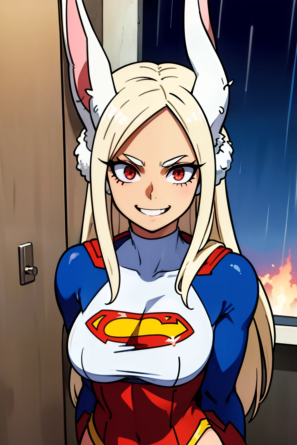 Cute girls,round red eyes, White hair、rabbit ears,sexy、tiene las manos en los pechos,smiling,Medium to long straight hairstyle、（big tits,superman dress，sus manos tocan sus pechos,superman suit,In a rental house，is standing，evening，it was raining outside，Upper body is wet..,whole body,lleva un superman suit,lleva un superman suit,rabbit ears,sexy,manos tocando pechos,manos tocando senos,sus manos están tocando sus pechos,sexy