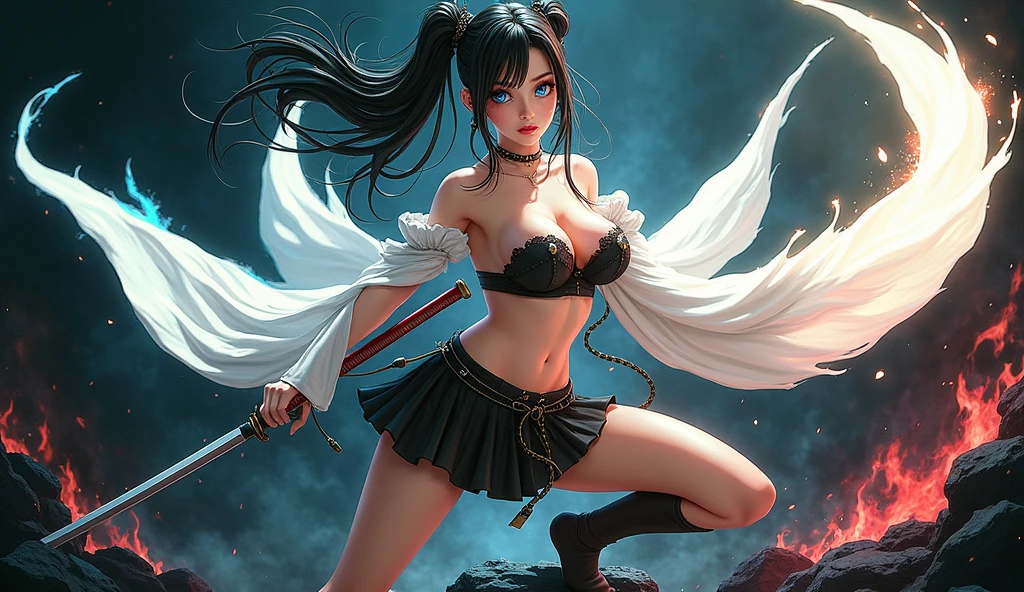 a very shy magical beautiful girl with long dark black hair, piercing blue eyes. Dressed as an erotic ninja in miniskirt, wielding a magic sword, scary diabolical world, (EXTREMELY HUGE BREASTS), wide neckline, image of a full-body woman..Description of extreme details, vivid and intense colors, vibrant colors, bright eye,image 3D,breasts 3D,((mejor calidad)), ((obra maestra)), (detallado), ((alta resolución))