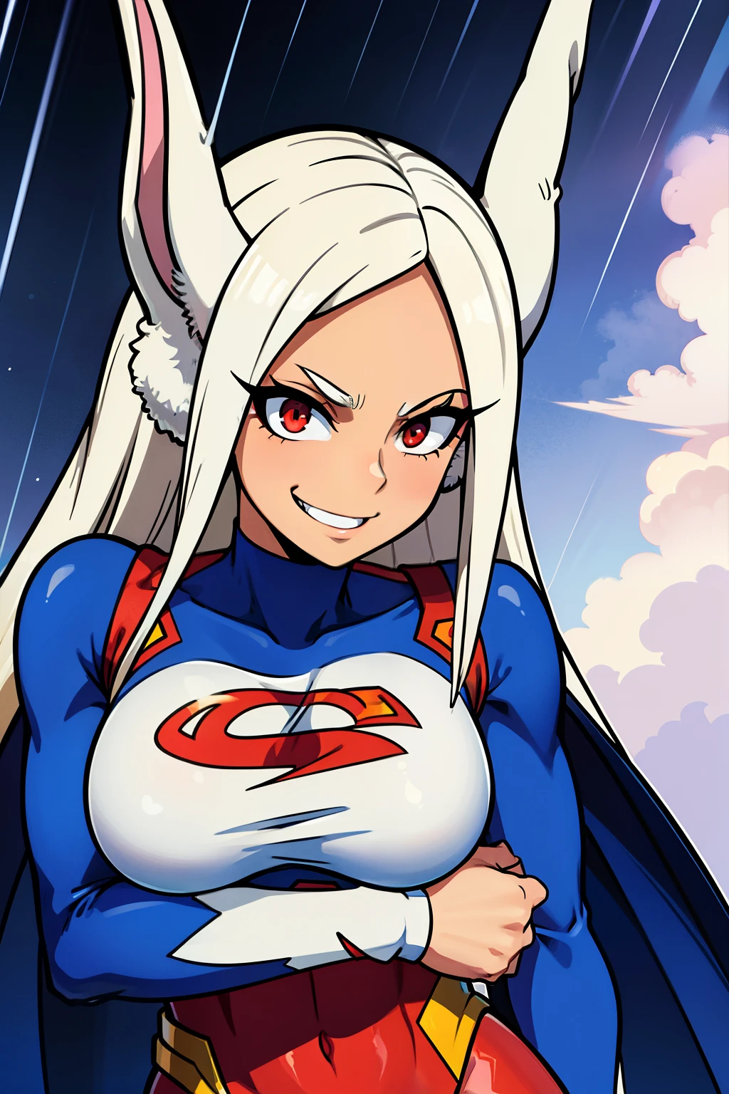 Cute girls,round red eyes, White hair、rabbit ears,sexy、tiene las manos en los pechos,smiling,Medium to long straight hairstyle、(big tits,superman dress,sus manos tocan sus pechos,superman suit,In a rental house,is standing,evening,it was raining outside,Upper body is wet..,whole body,lleva un superman suit,lleva un superman suit,rabbit ears,sexy,manos tocando pechos,manos tocando senos,sus manos están tocando sus pechos,sexy