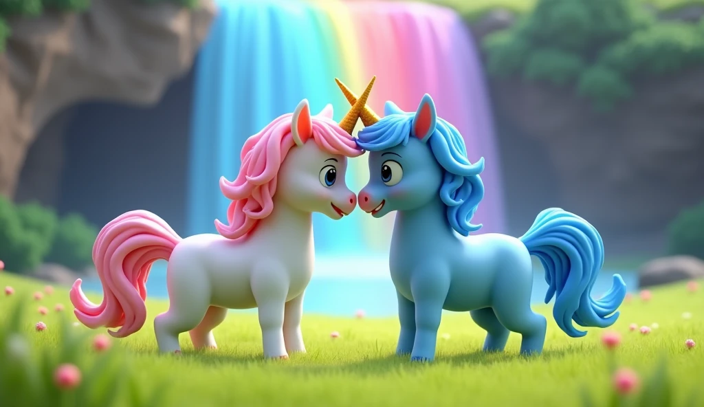 Create in 3d animation style for the kids of age group 1-5 years. Two unicorns, one white (Luna) and one blue (Aria), standing together in a lush green meadow.
- They should be facing each other, with their horns touching, and their manes flowing in the wind.
- A rainbow-colored waterfall should be visible in the background.