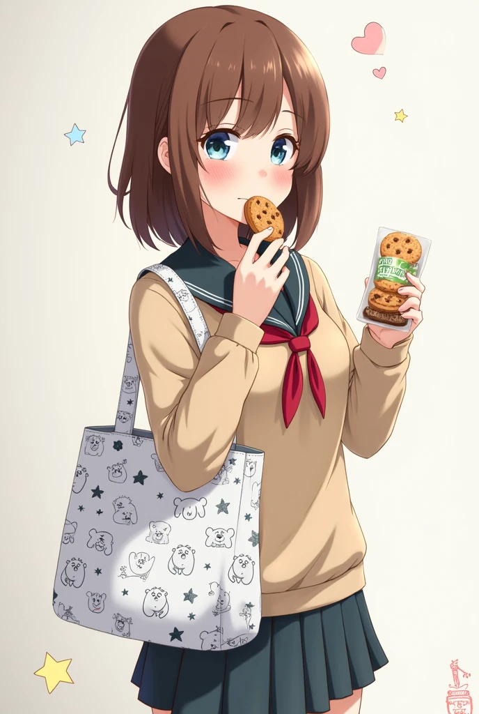 A brown-haired woman in a school uniform carries a white shoulder bag with a bear pattern eating cookies.