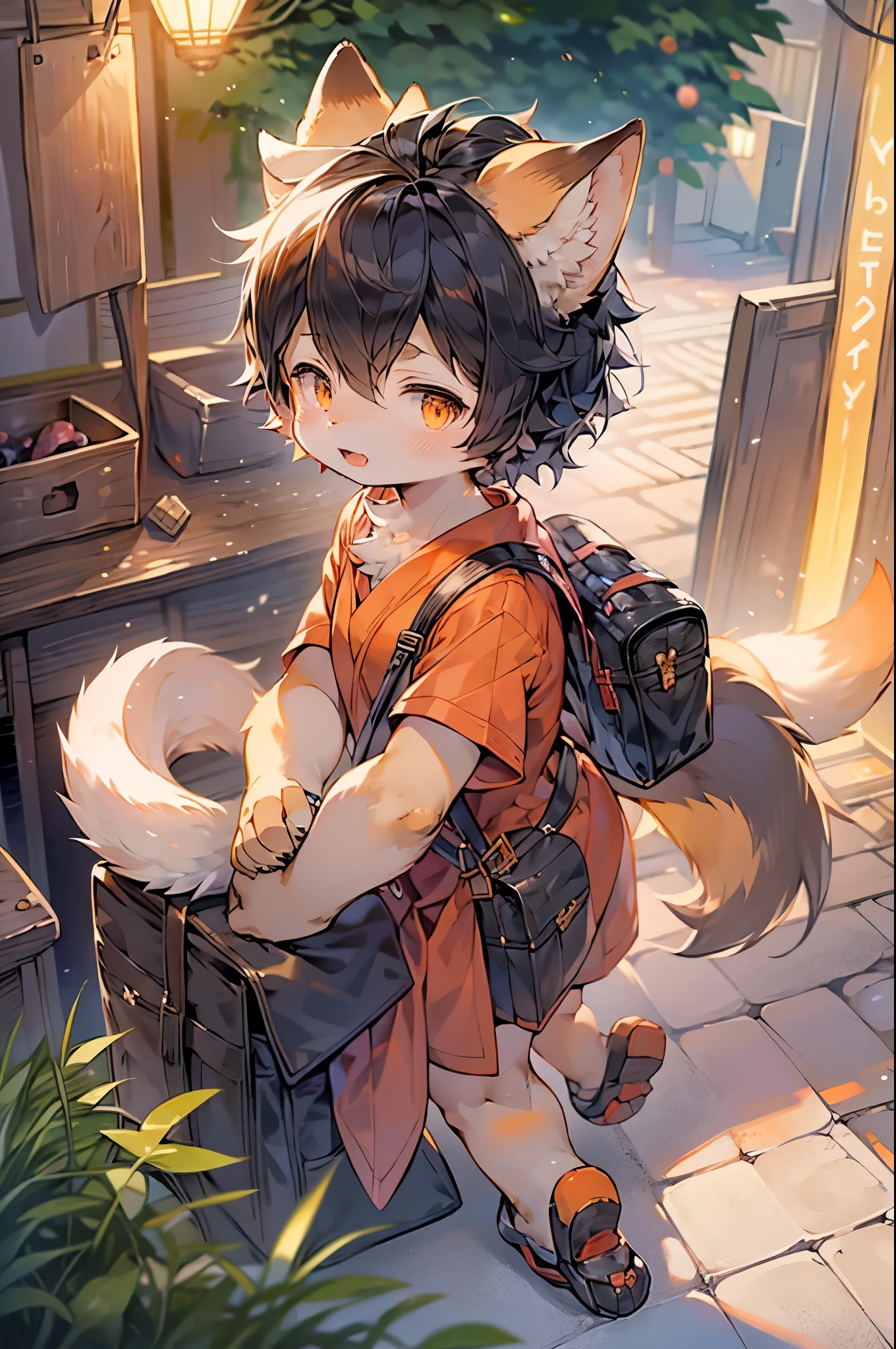 Fox Girl,Furry girls,Female infant characteristics,Black hair,Orange Skin,Black Arm,Japanese school uniform,bag,After school
