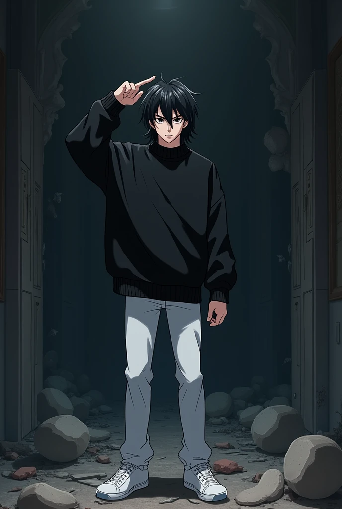 The image is anime style with shadows and dim lights, anime style although somewhat adult and dark, It shows a single adult man of 2 who has black eyes and medium-long black hair as well., He is pointing at his head with his finger in the middle of a destroyed luxurious room. His gaze is extremely serious and determined. He is wearing an oversized black sweater and white pants with white sneakers..