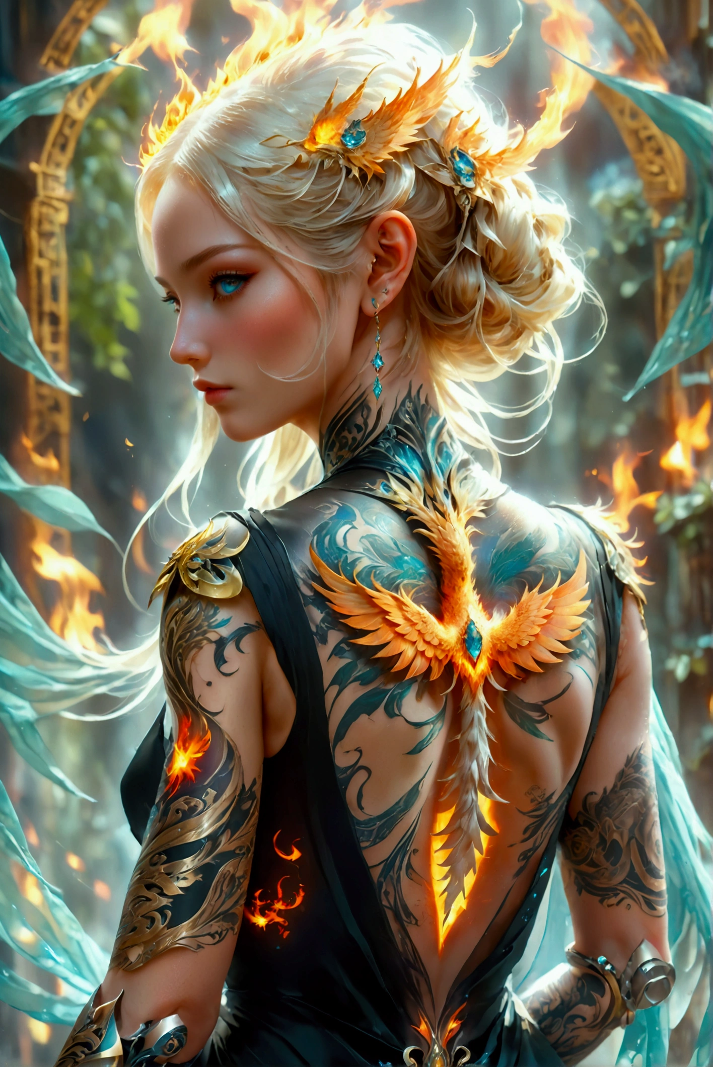 watercolor art, fantasy art, goth art, a picture of a tattoo on the back of a female elf, a glowing tattoo of a ((phoenix: 1.3)) on the elf's back, the ((phoenix tattoo)) is vivid, intricate detailed coming to life from the ink to real life, ((fire surrounds the phoenix: 1.5)), shoot taken from the back, ((the back is visible: 1.3), a most beautiful elf, exquisite beauty, small pointed ears, long hair, she wears a transparent black dress, the dress is elegant, flowing, elven style, that the tattoos glow, blond hair color, dynamic hair style, cinematic light, High Detail, Ultra High Quality, High Resolution, 16K Resolution, Ultra HD Pictures, 3D rendering Ultra Realistic, Clear Details, Realistic Detail, Ultra High Definition,Comistyle, faize, art by mooncryptowow