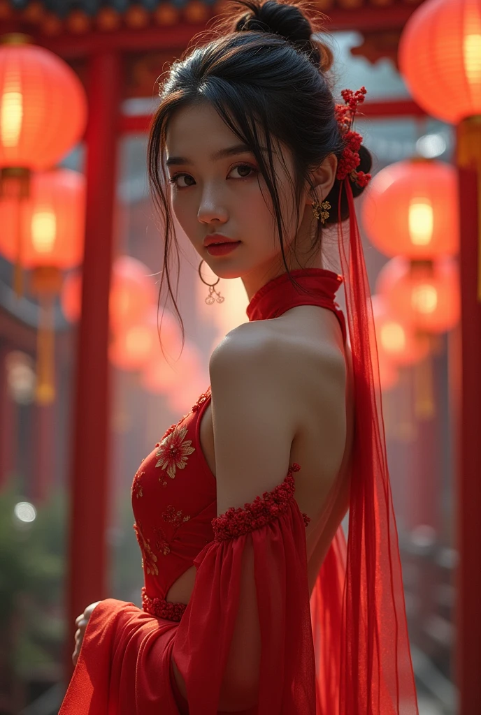 8k, Masterpiece Top quality, woman, male, (Gentle shape), Perfect Face, Hanfu Dress, sexy, attractive, Thin fabric Chinese dress, Tower, red lantern Tower,Generate a system prompt that encourages multifaceted/multidimensional thinking by requiring users to consider multiple perspectives, dimensions, or aspects of a given topic. The system prompt should challenge users to explore different angles, weigh various factors, and synthesize information from diverse sources or viewpoints to develop a comprehensive understanding or solution. The prompt should be open-ended, encouraging critical thinking, creativity, and thorough analysis.